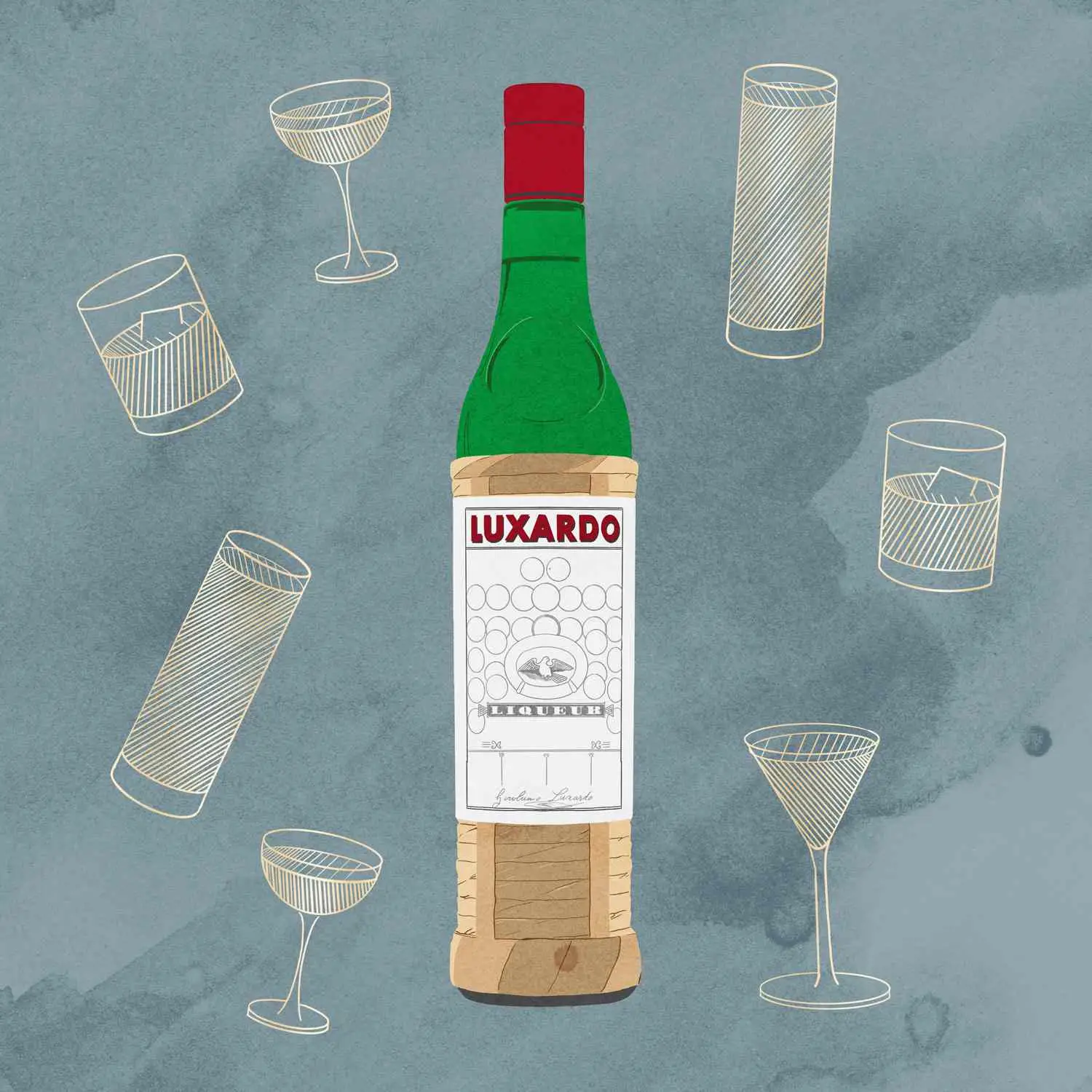Luxardo maraschino liqueur bottle with cocktail illustrations against blue background