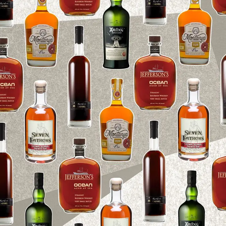 a collage of uniquely aged spirits bottles