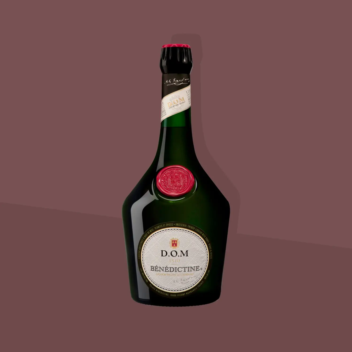 Bottle image of Benedictine D.O.M. on illustrated burgundy background
