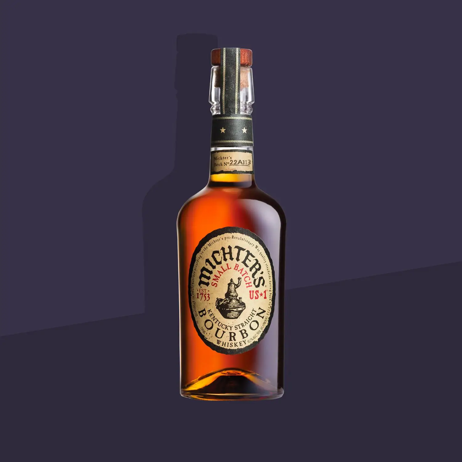 Michters US 1 Small Batch Kentucky Straight Bourbon bottle shot on solid purple background