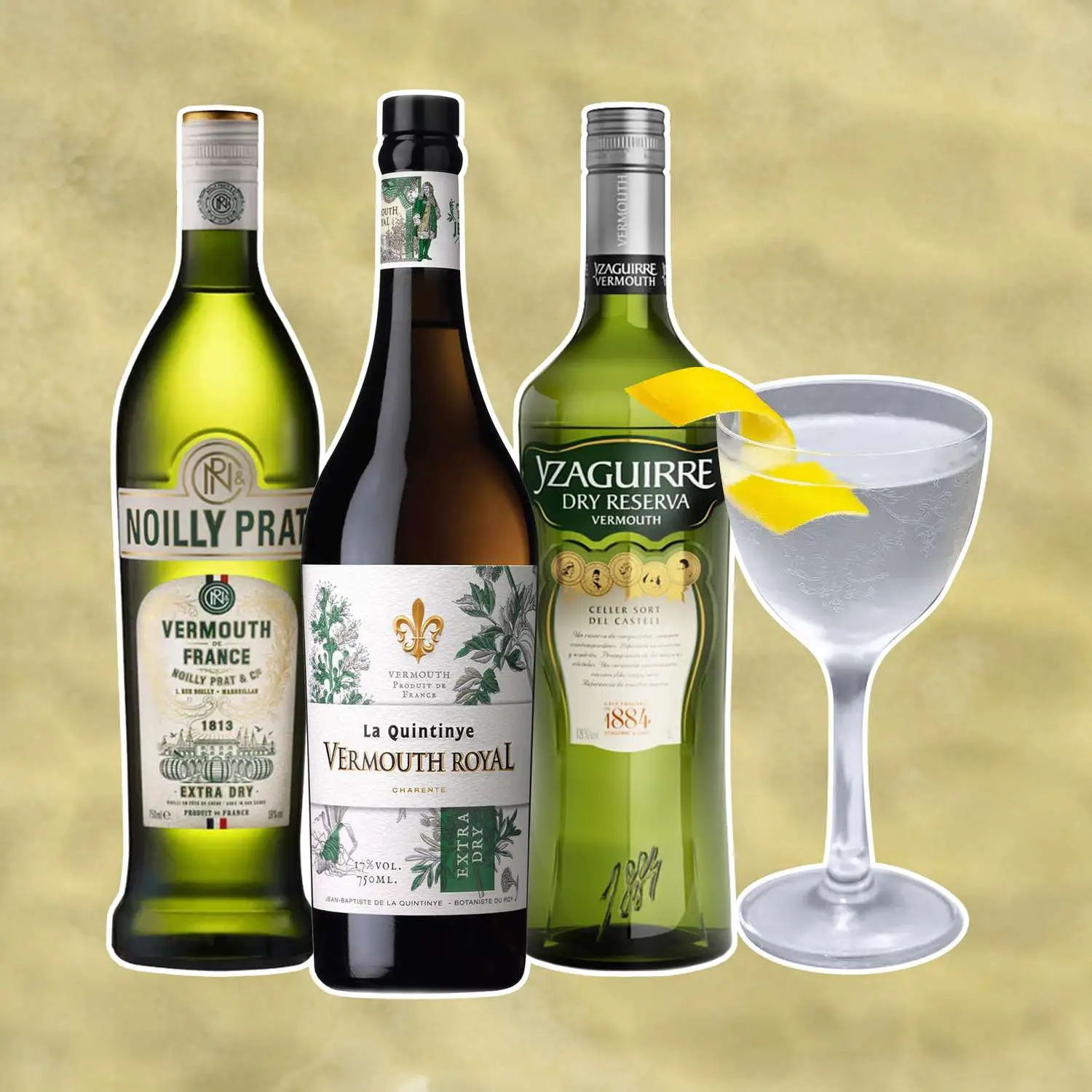 Best Vermouths for Martinis - Three bottles with a Martini against a yellow backdrop.