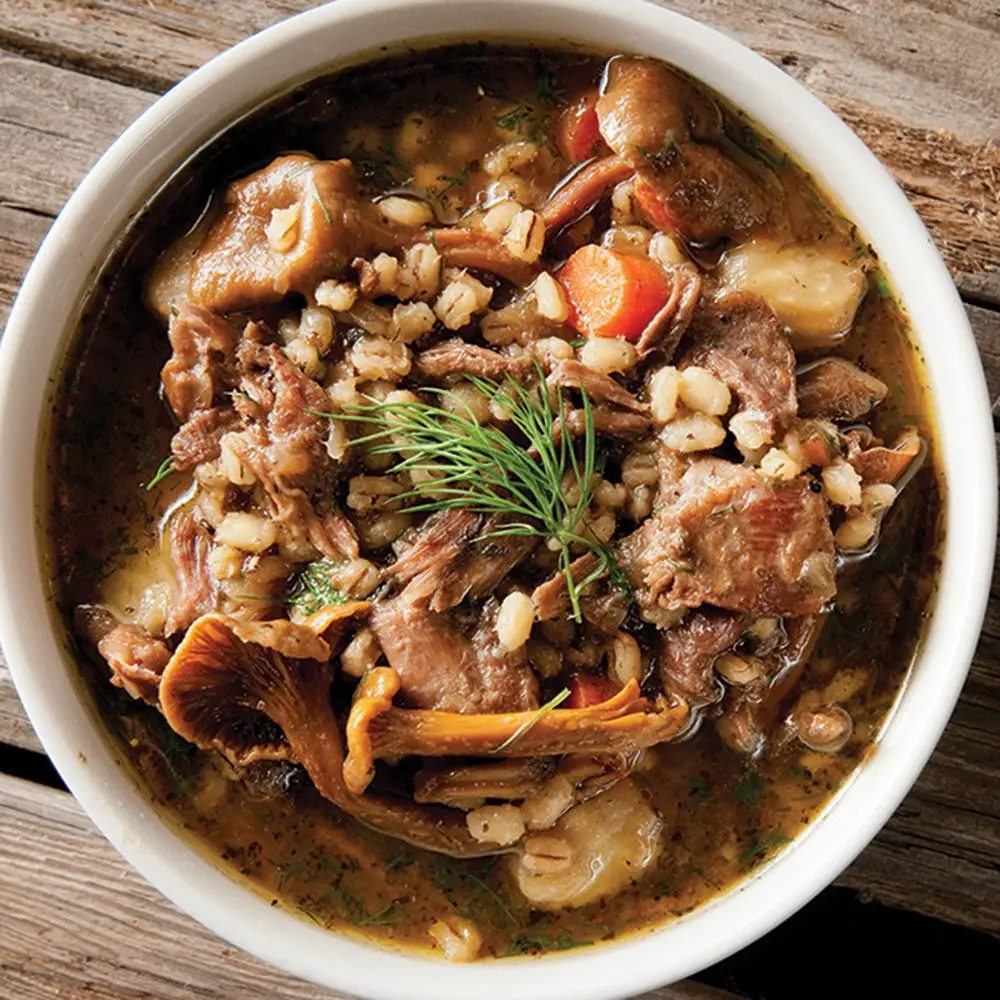 Ensunoso de ganso com cevada e raiz de aipo