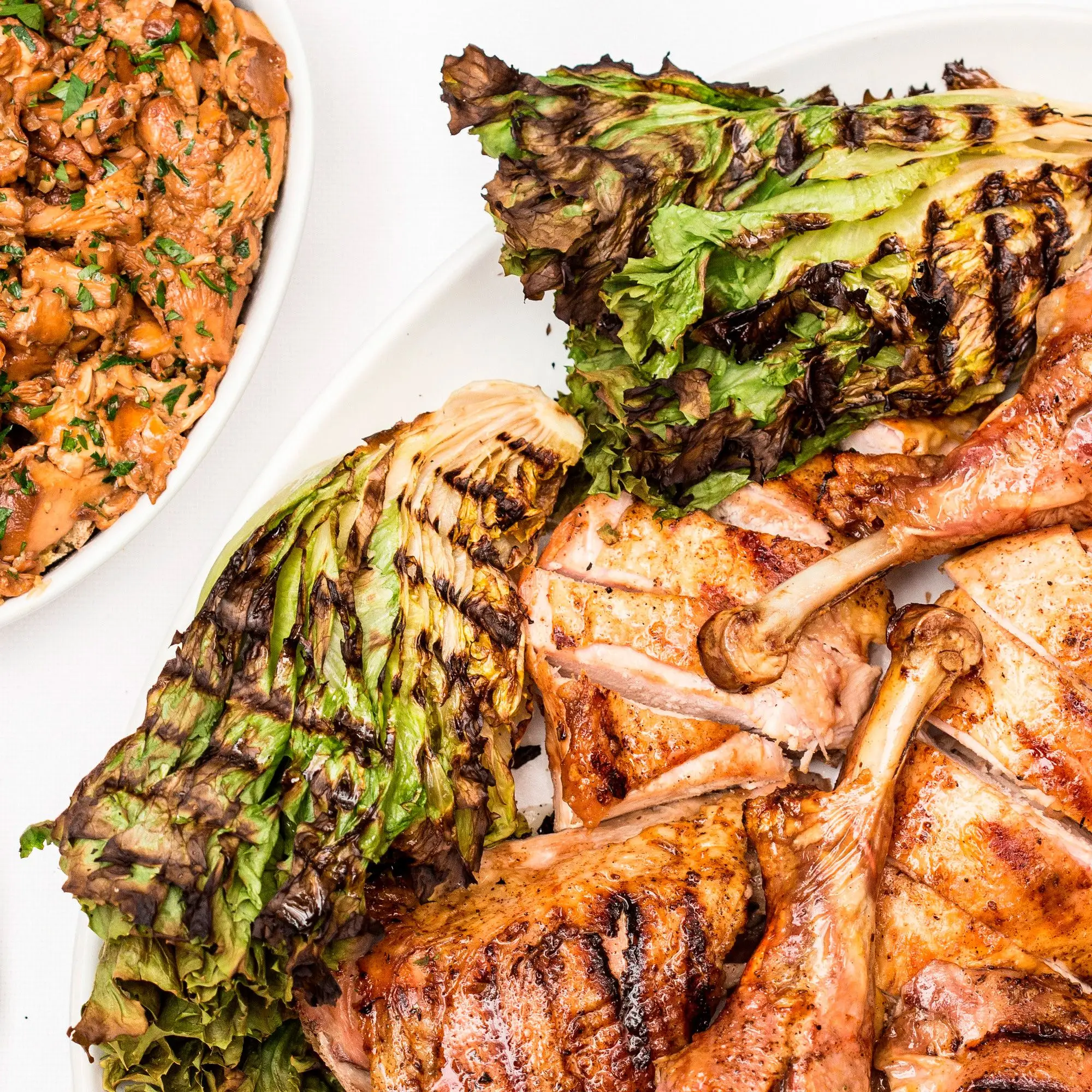 Turquia de borboletas à la parrilla com chanterelles e chicória grelhada